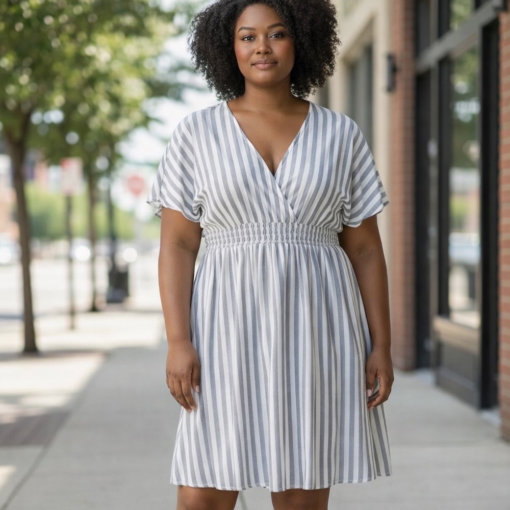 Torrid Size 4 Plus Blue White Striped Dress Knee Length Smocked Waist